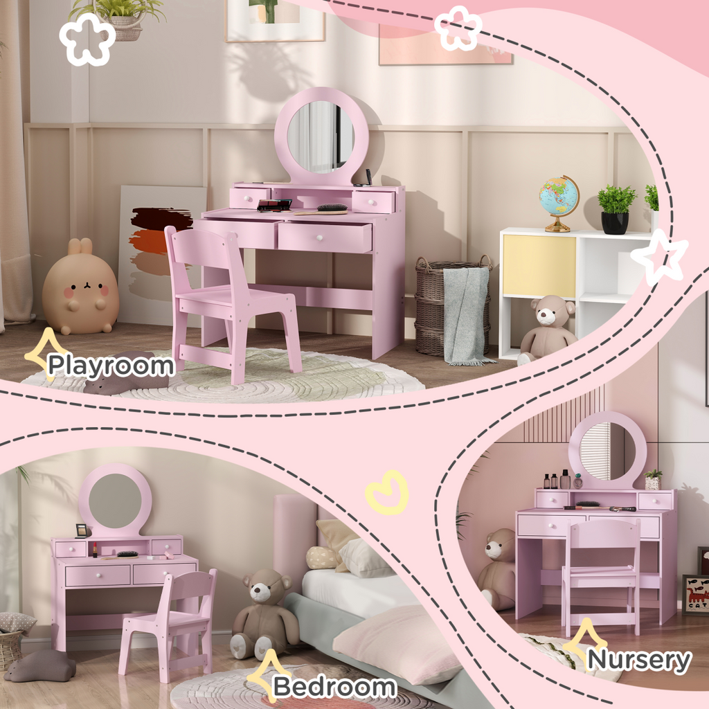 Pink AIYAPLAY kids dressing table set with stool, mirror, and drawers for fun playtime.