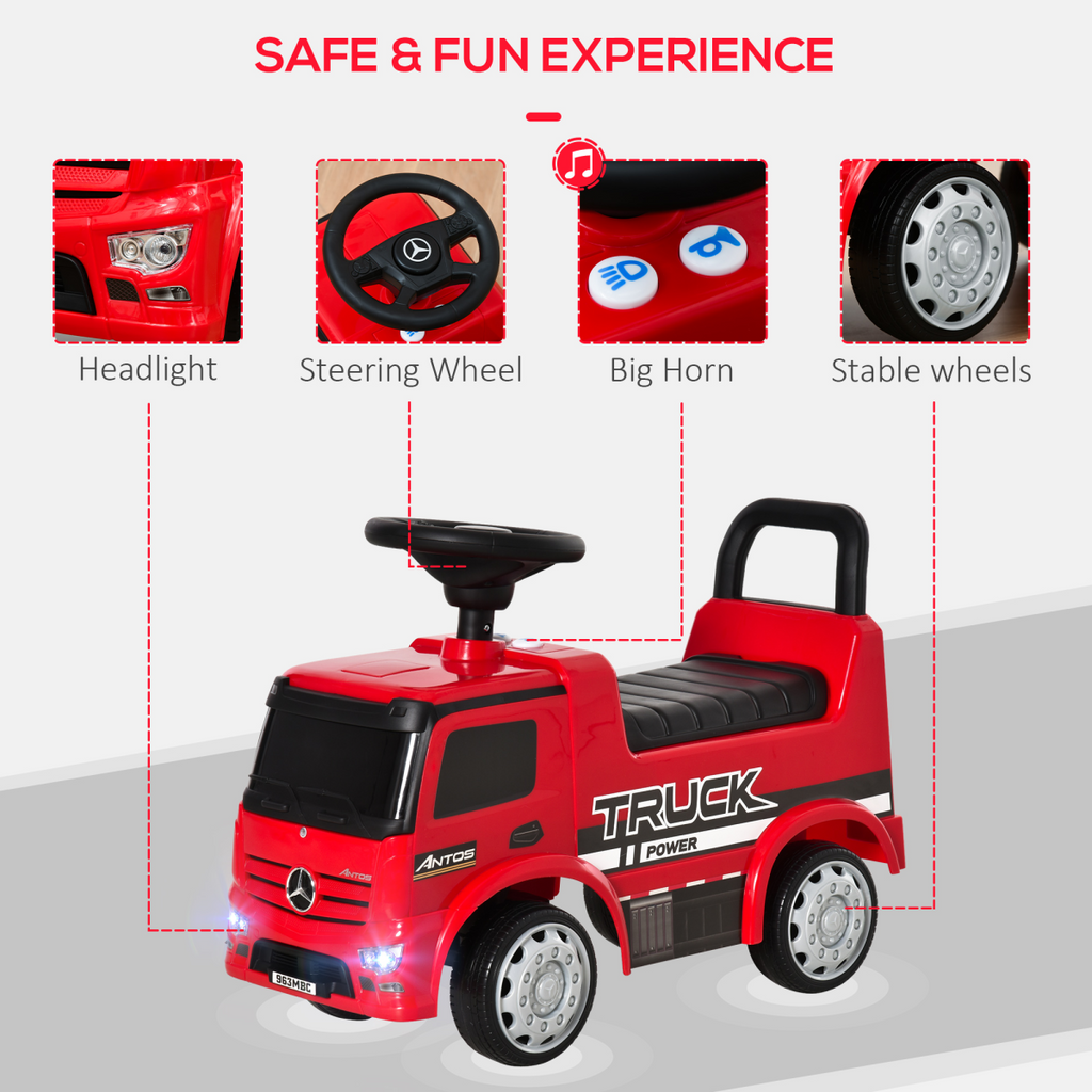Red HOMCOM 3-in-1 Ride On Car for kids, featuring a Mercedes truck design and storage, suitable for ages 12-36 months.