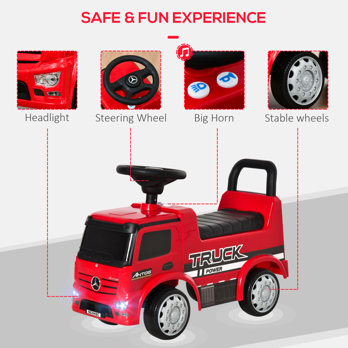 Red HOMCOM 3-in-1 Ride On Car for kids, featuring a Mercedes truck design and storage, suitable for ages 12-36 months.