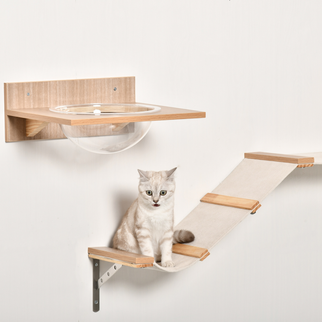 Pawhut wall-mounted cat tree shelf set with climbing tower, hammock, and scratching post for active felines.