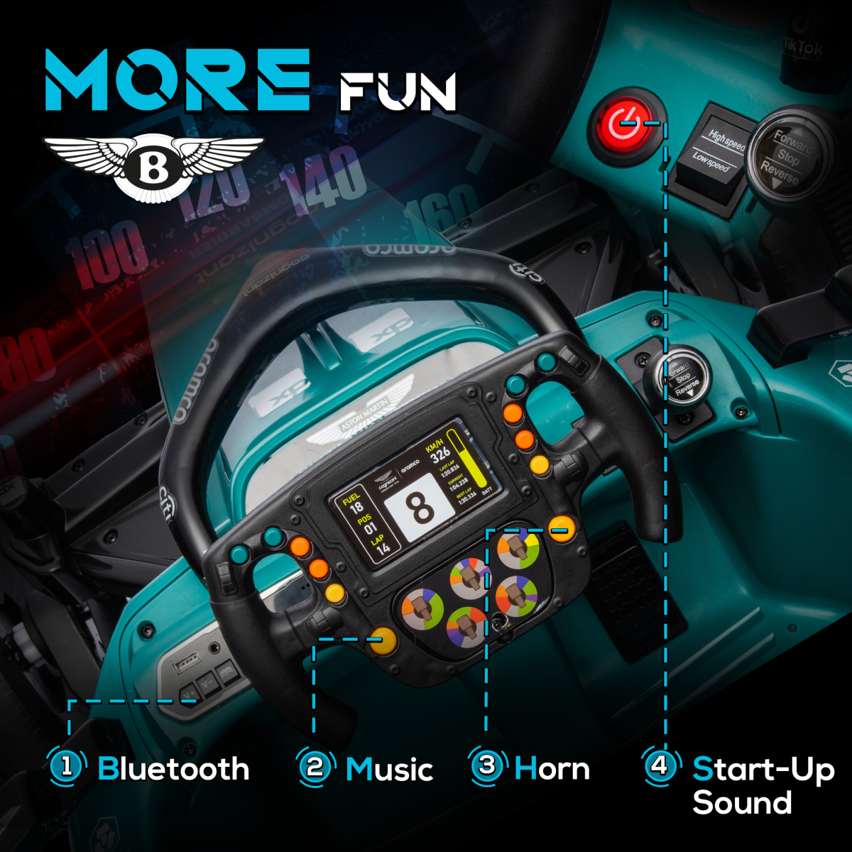 AIYAPLAY 12V Electric Go Kart with shock-absorbing wheels, remote control, and Bluetooth features in a colorful design.