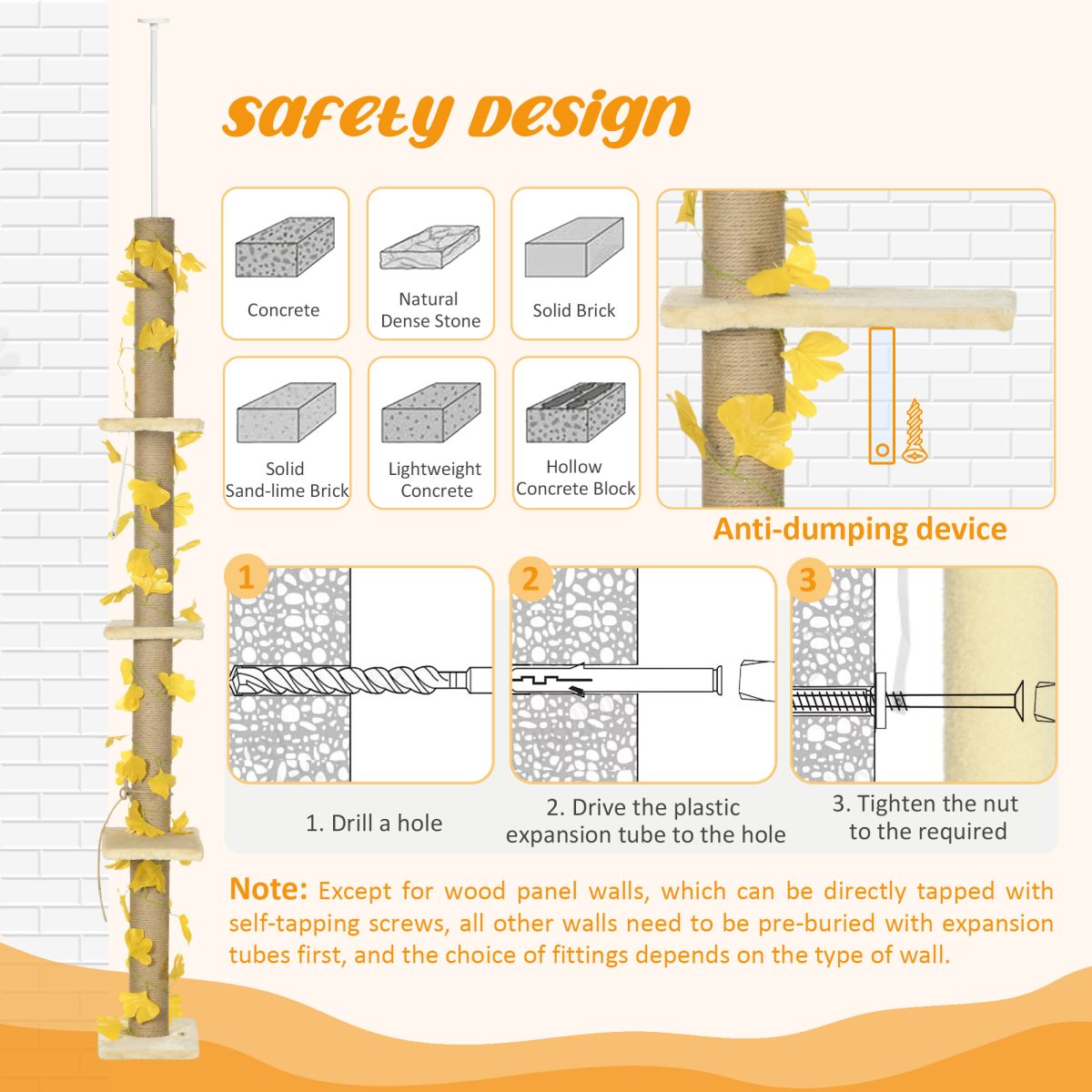 PawHut 242cm adjustable floor-to-ceiling cat tree in yellow with anti-slip kit for safe climbing and play.