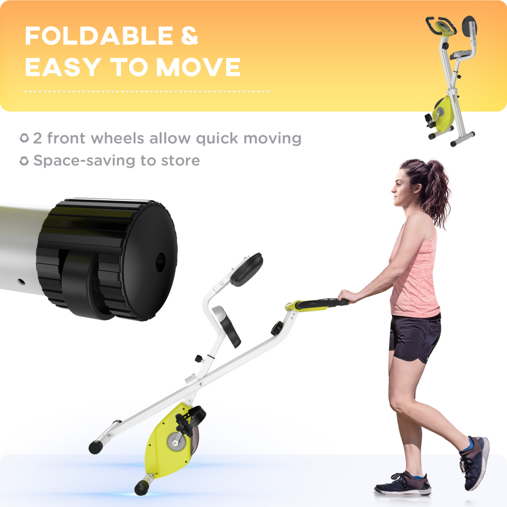 Foldable HOMCOM magnetic resistance exercise bike in yellow with an adjustable seat and LCD display.