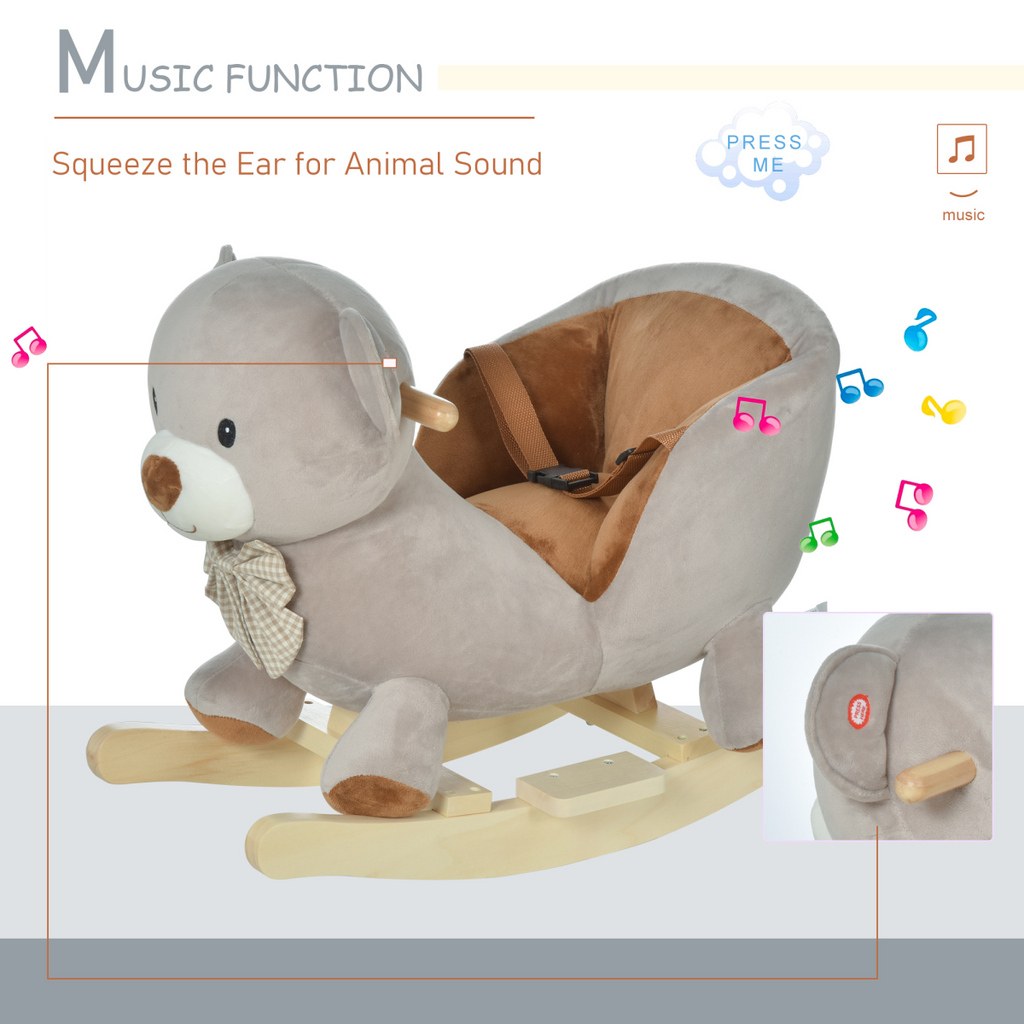 Children's rocking bear plush ride-on toy with sound button and seat belt for ages 18-36 months by FunZone.