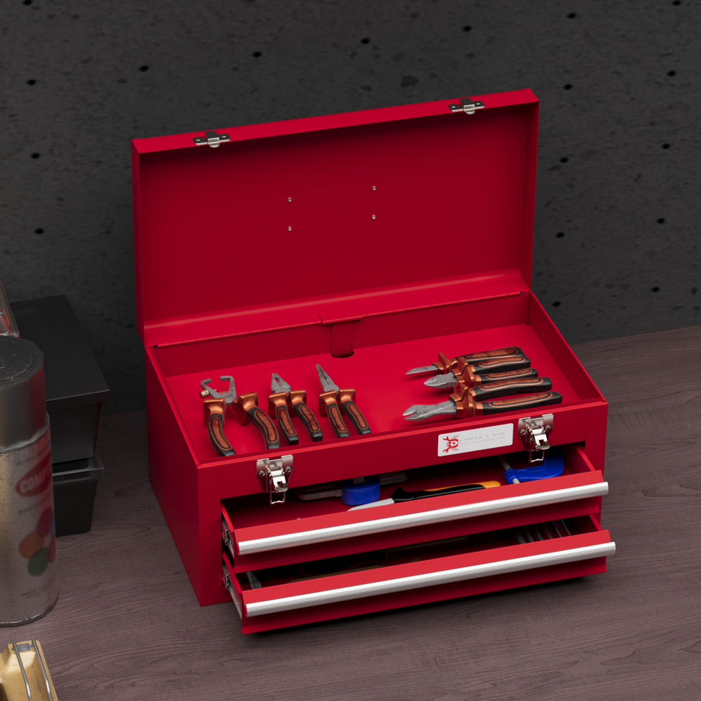 DURHAND red lockable tool chest with two drawers and ball bearing slides, showcasing a sturdy design for home organization.
