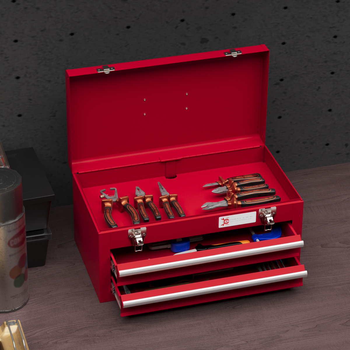 DURHAND red lockable tool chest with two drawers and ball bearing slides, showcasing a sturdy design for home organization.
