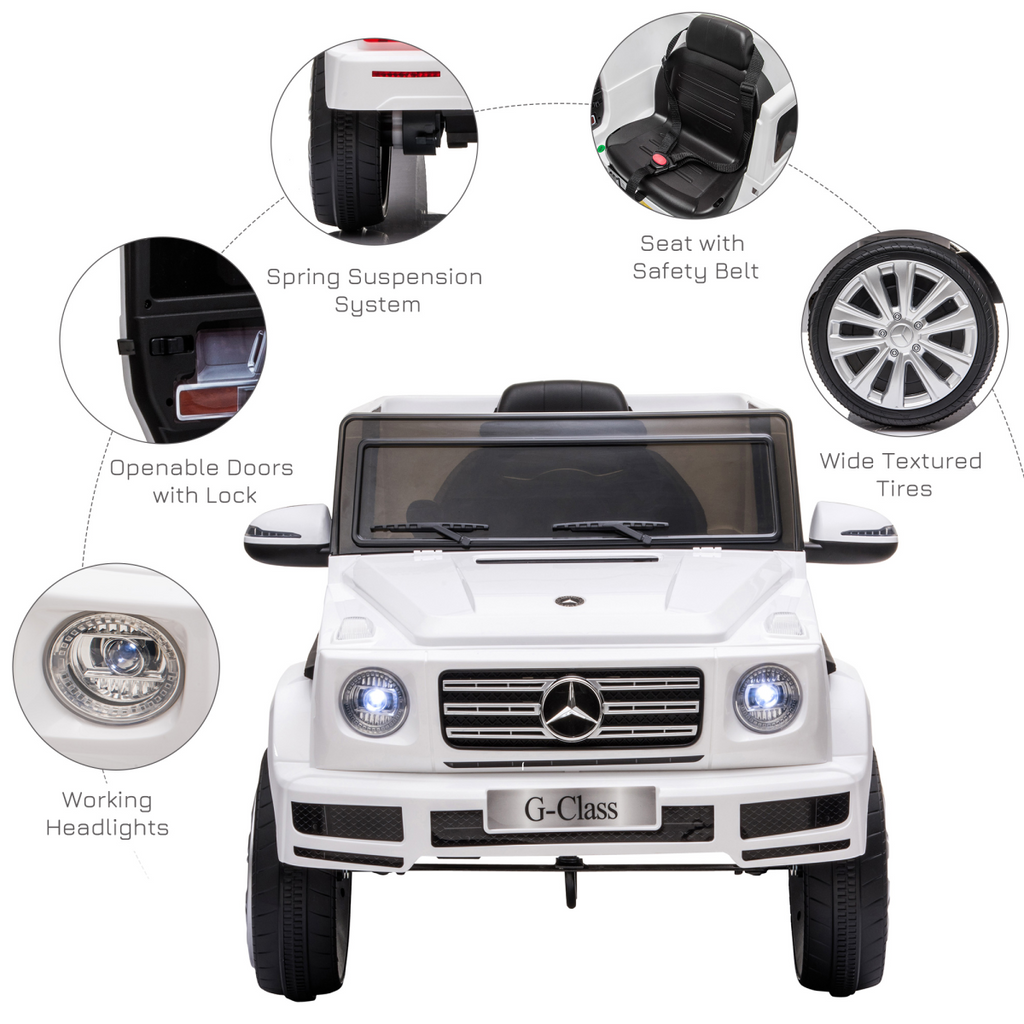 White Mercedes Benz G500 12V electric ride-on car for kids ages 3-8, featuring remote control and realistic design.