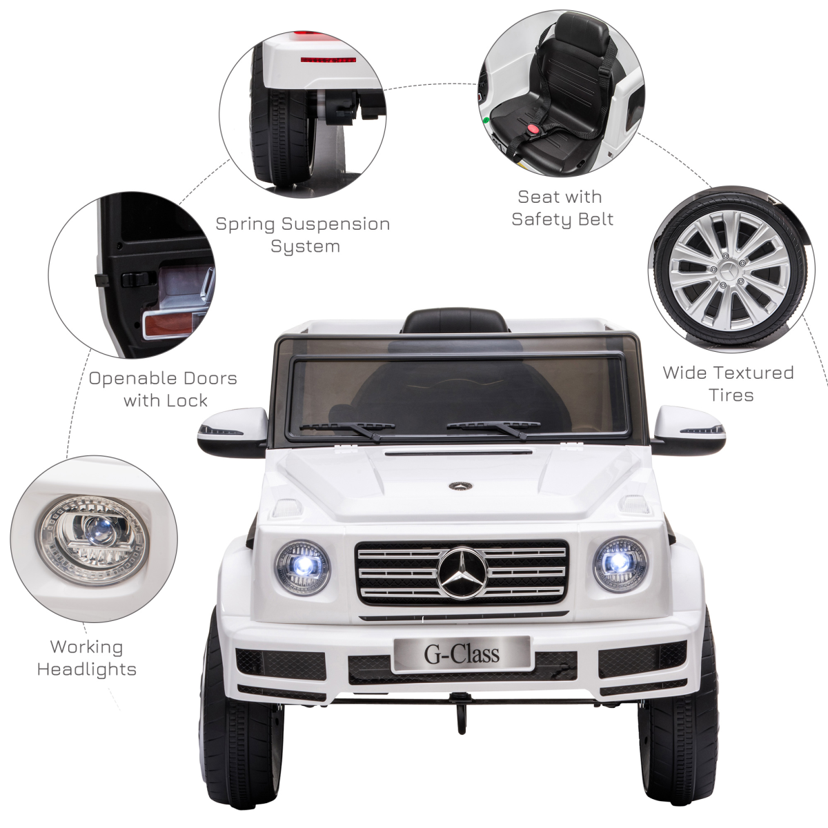 White Mercedes Benz G500 12V electric ride-on car for kids ages 3-8, featuring remote control and realistic design.