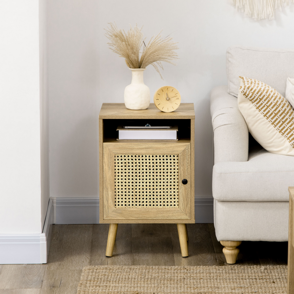 Natural wood HOMCOM rattan nightstand with cabinet and shelf, featuring a stylish and functional bedside design.