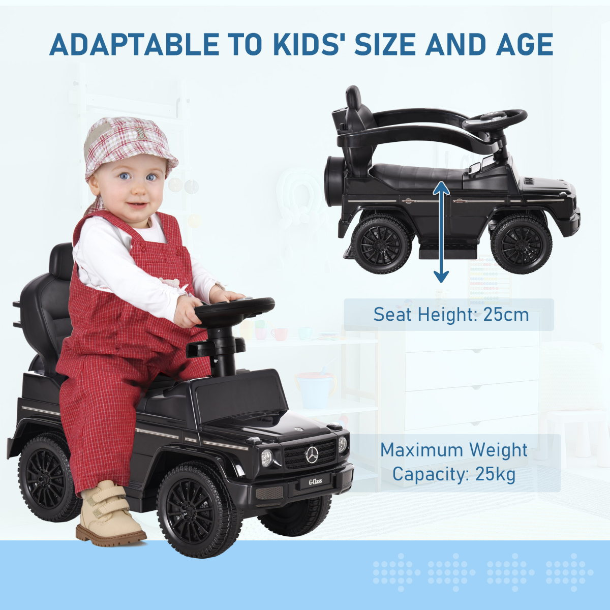 Black Mercedes Benz G350 ride-on push car with sun canopy for toddlers aged 12-36 months from FunZone.