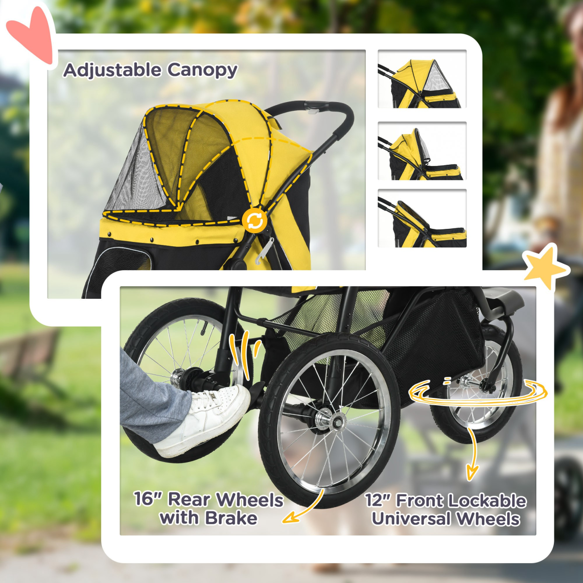 PawHut 3 Wheel Pet Stroller, for Medium Small Dogs, Foldable Cat Pram - Yellow