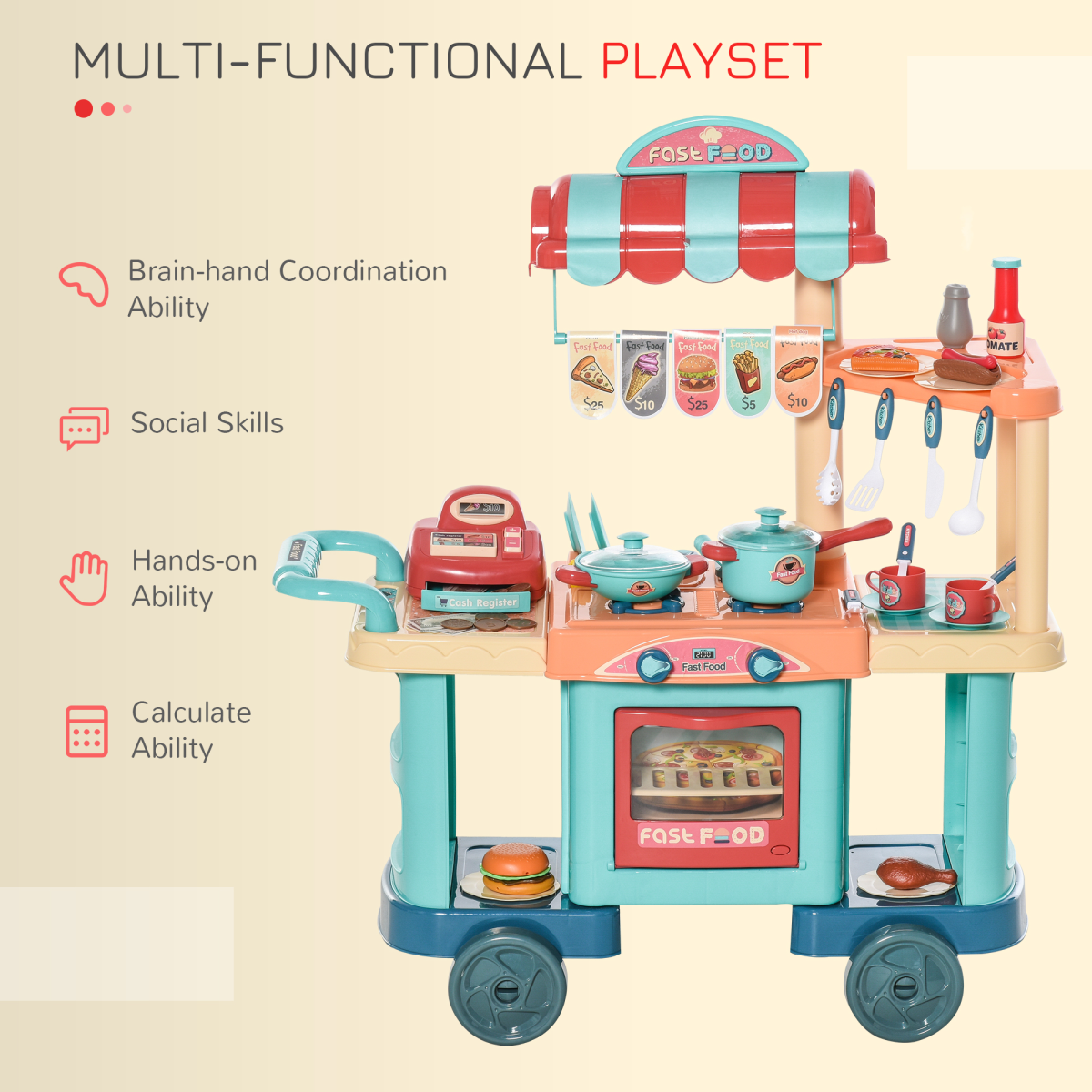 Colorful HOMCOM 50 pcs kids kitchen play set with trolley cart and various pretend food toys for ages 3-6.