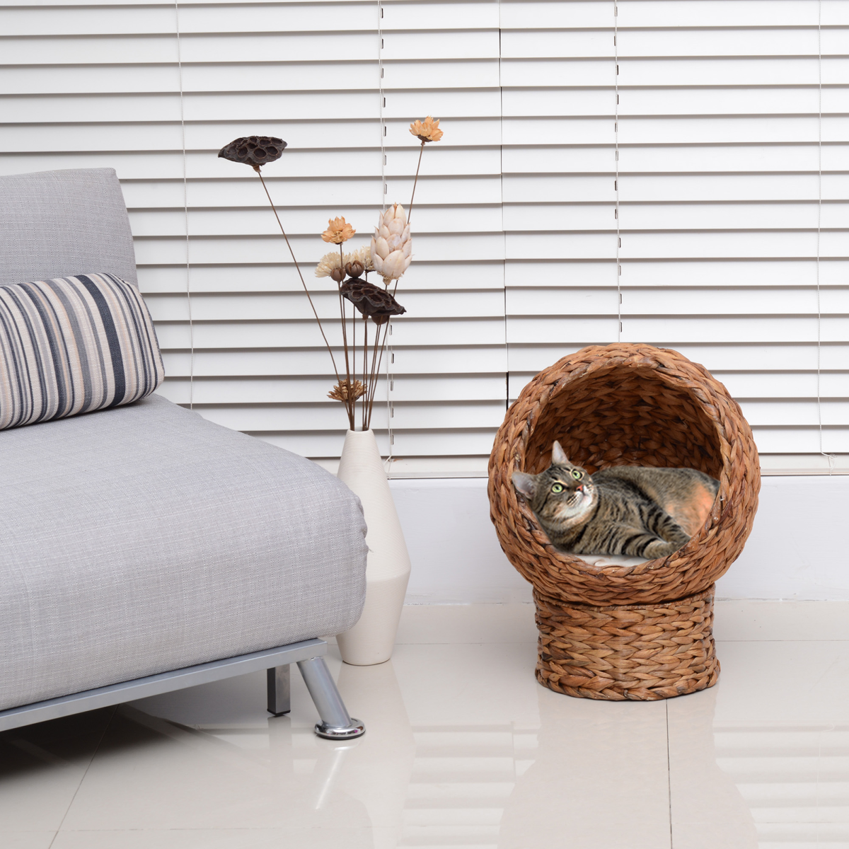 Wicker Cat House, Raised Cat Bed with Cylindrical Base, 42 x 33 x 52cm