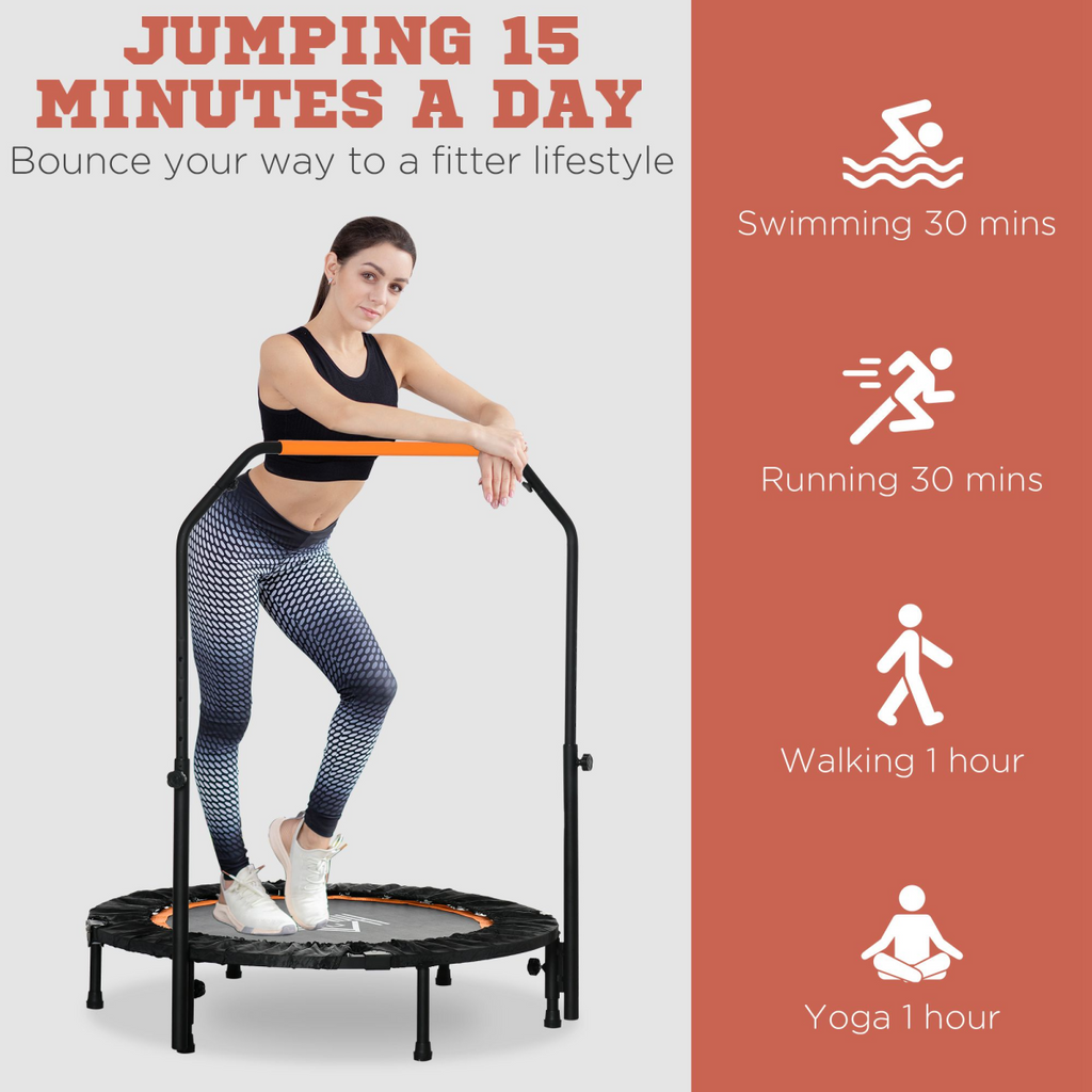 40" foldable mini fitness trampoline with adjustable foam handle, perfect for home workouts and cardio exercises.