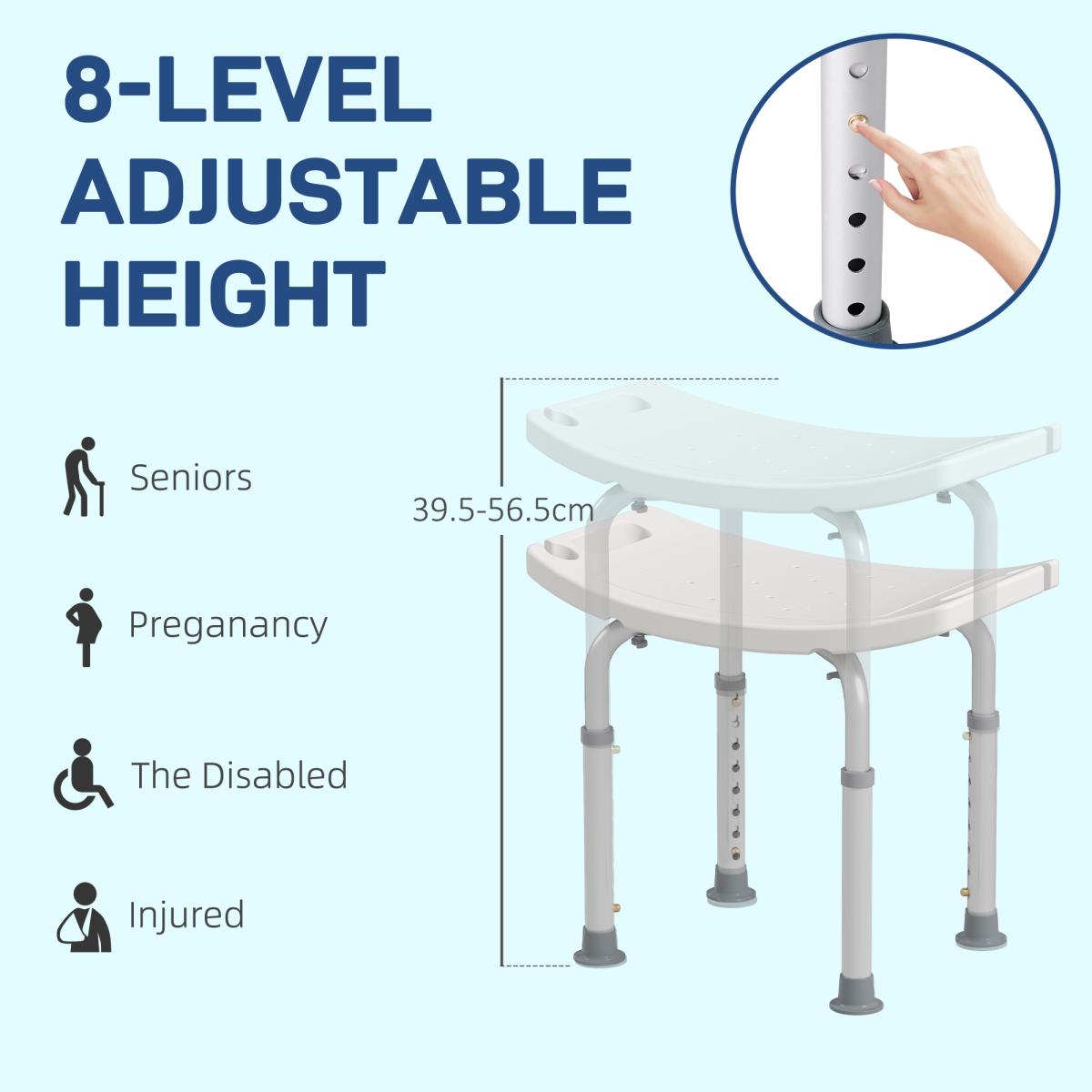 Adjustable height mobility shower stool with aluminum frame and non-slip surface, designed for safety and comfort.