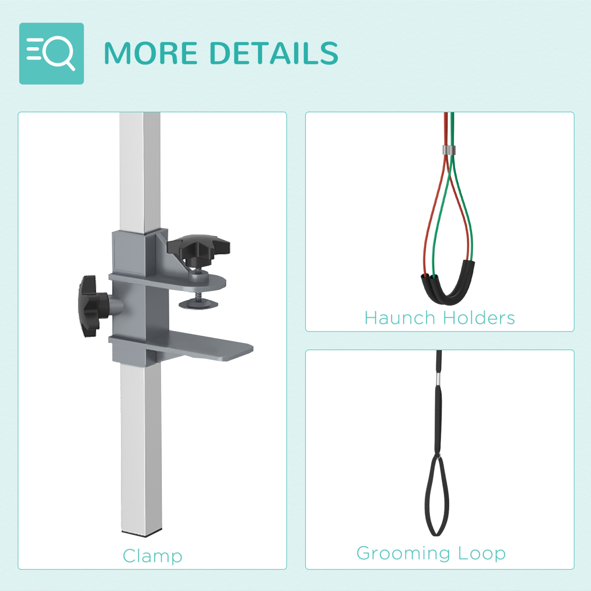 Adjustable foldable pet grooming arm with clamp, designed for medium dogs, showcasing sturdy construction and practical use.