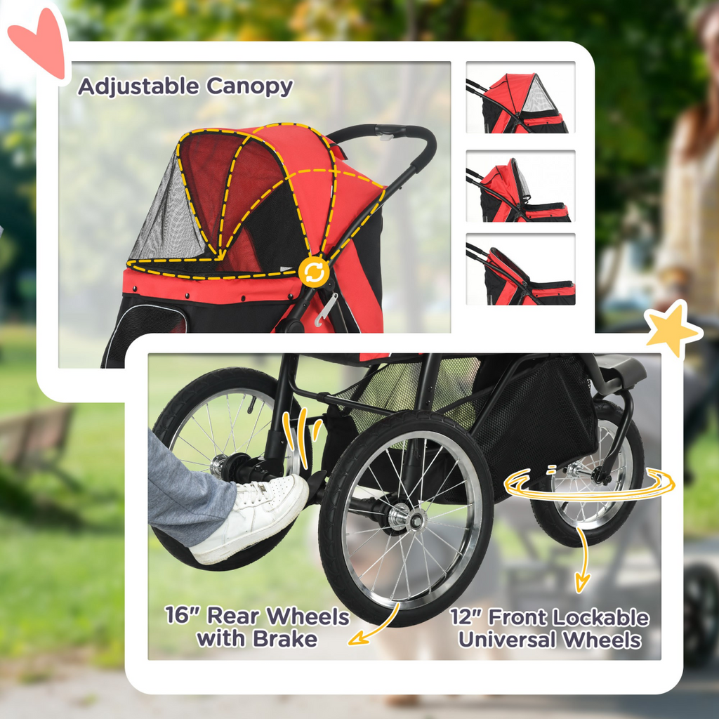 Foldable Pet Stroller Jogger w/ Canopy, Three Wheels, for Medium Dogs - Red