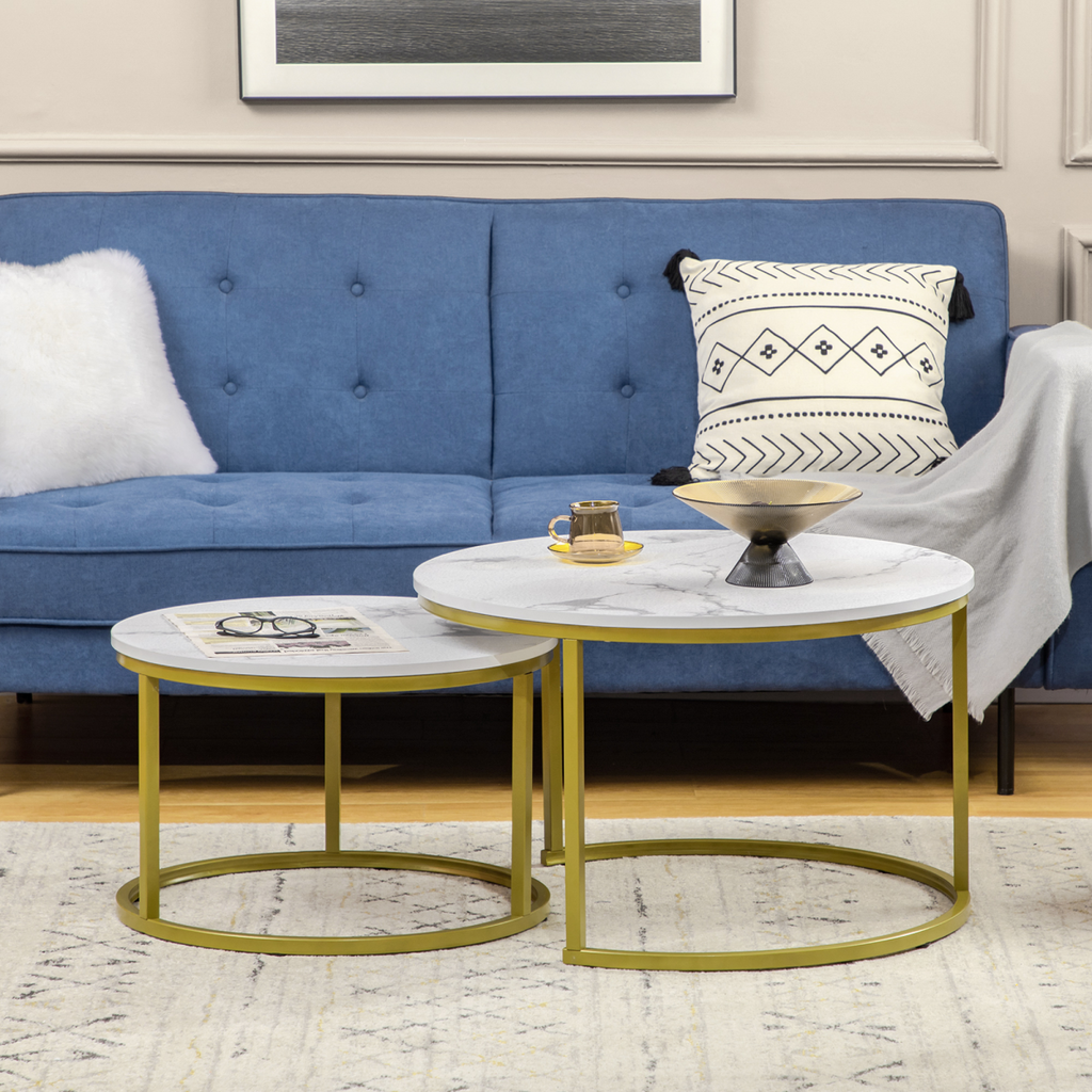 Set of 2 round nesting coffee tables by HOMCOM featuring a metal frame and a stylish marble effect top.