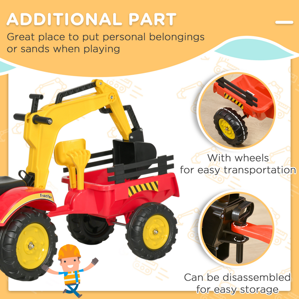 HOMCOM pedal-powered tractor ride-on car with moving bucket and steering wheel for kids aged 3-6 years.