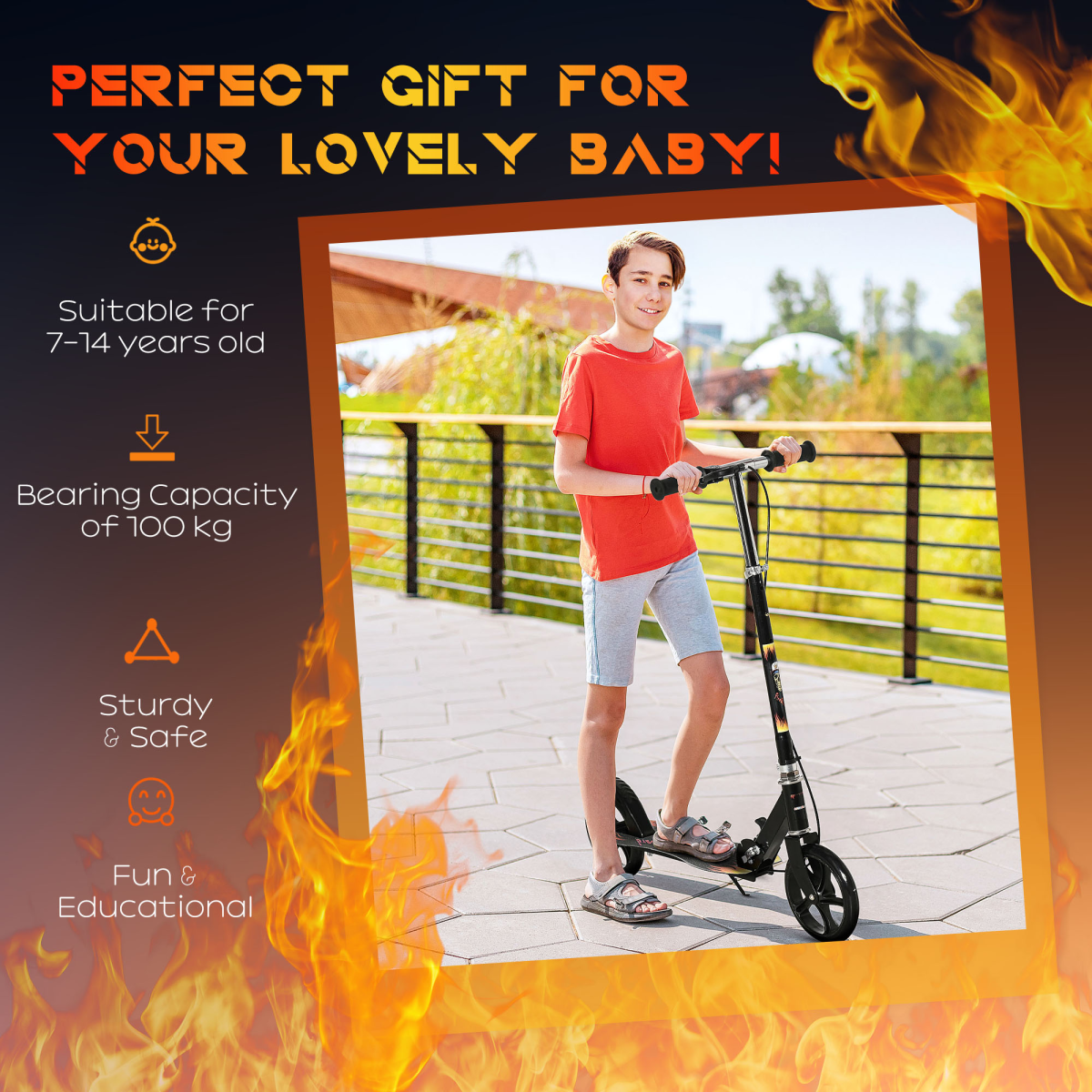 HOMCOM FunZone foldable kick scooter for kids with adjustable height, brake, and large wheels in a vibrant design.