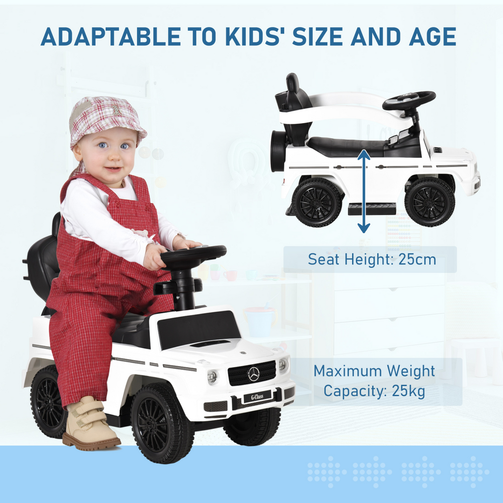 Licensed Mercedes Benz G350 ride-on push car in white with a sun canopy for toddlers aged 12-36 months.