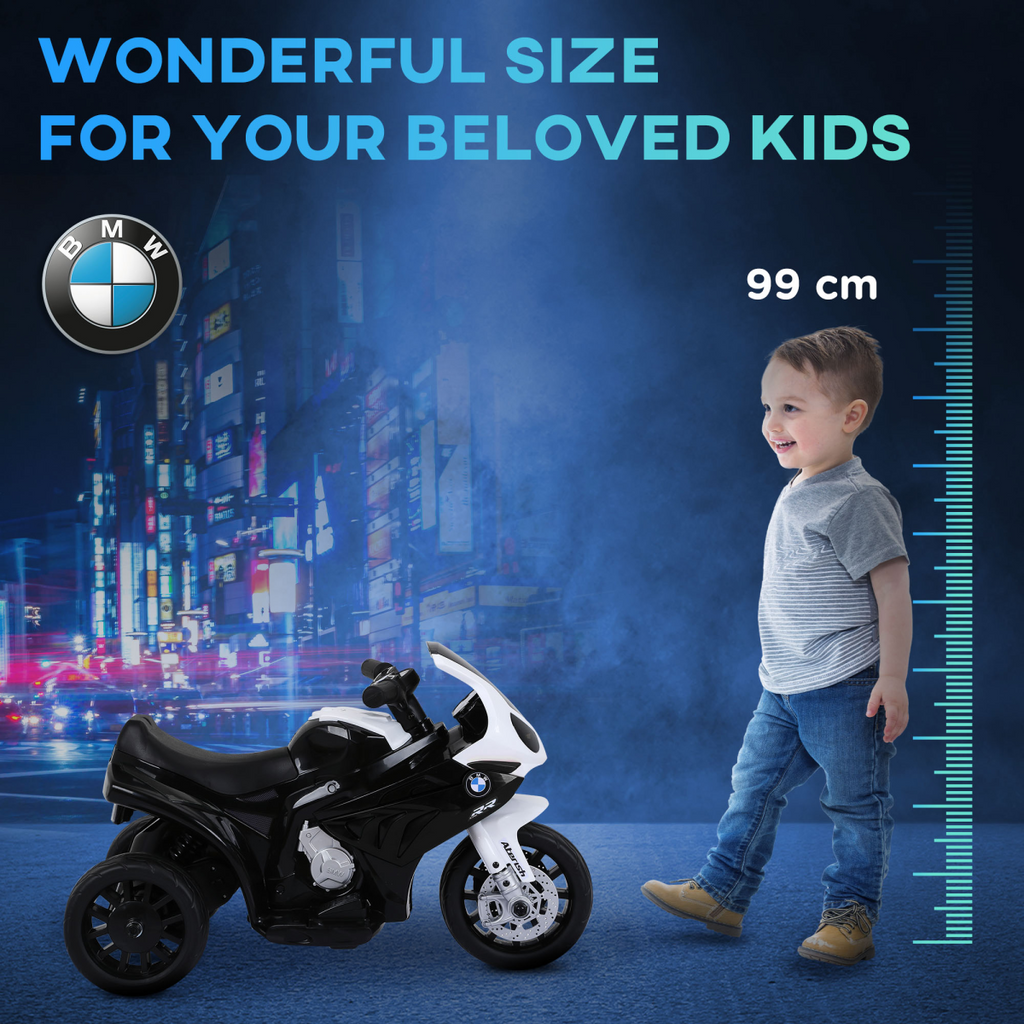 Black BMW licensed electric kids ride-on motorcycle by HOMCOM with headlights and music features.