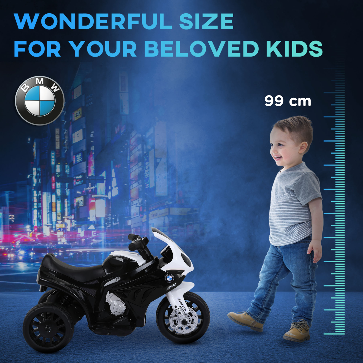 Black BMW licensed electric kids ride-on motorcycle by HOMCOM with headlights and music features.