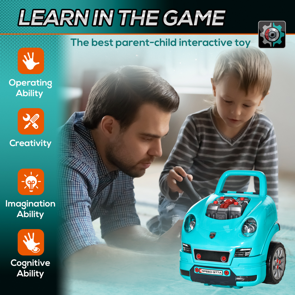 Teal green FunZone truck engine toy set by HOMCOM with horn, lights, and car key for kids aged 3-5 years.