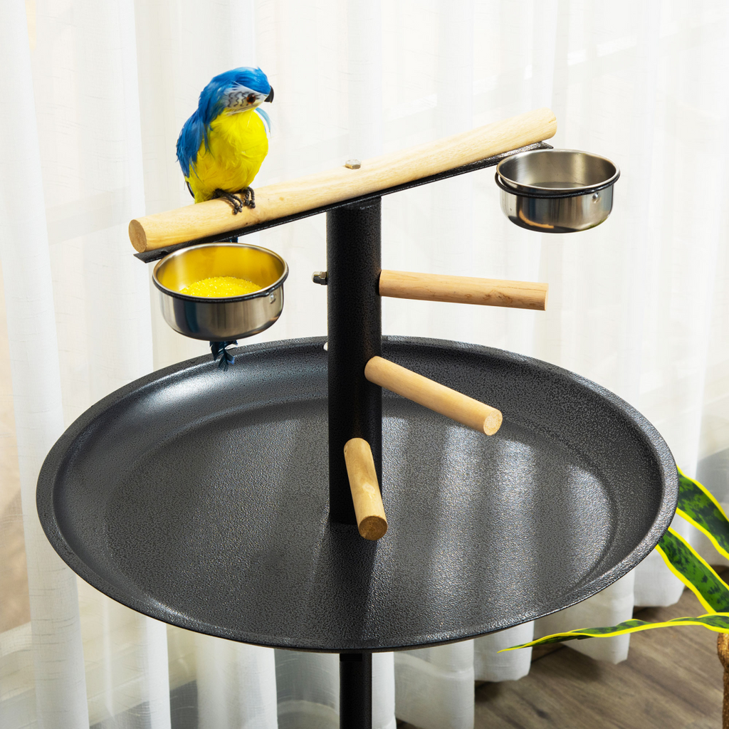Portable bird play stand by Pawhut with wooden perches and feeding bowls for pet birds.