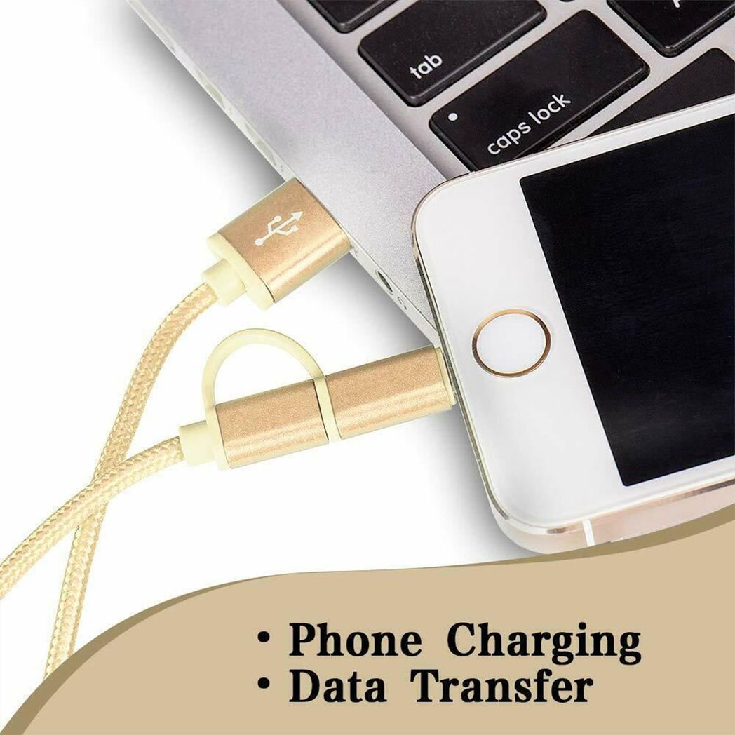 Gold Nylon Braided USB cable with 2 in 1 dual Lightning connector by FX, showcasing its durable design and connectors.