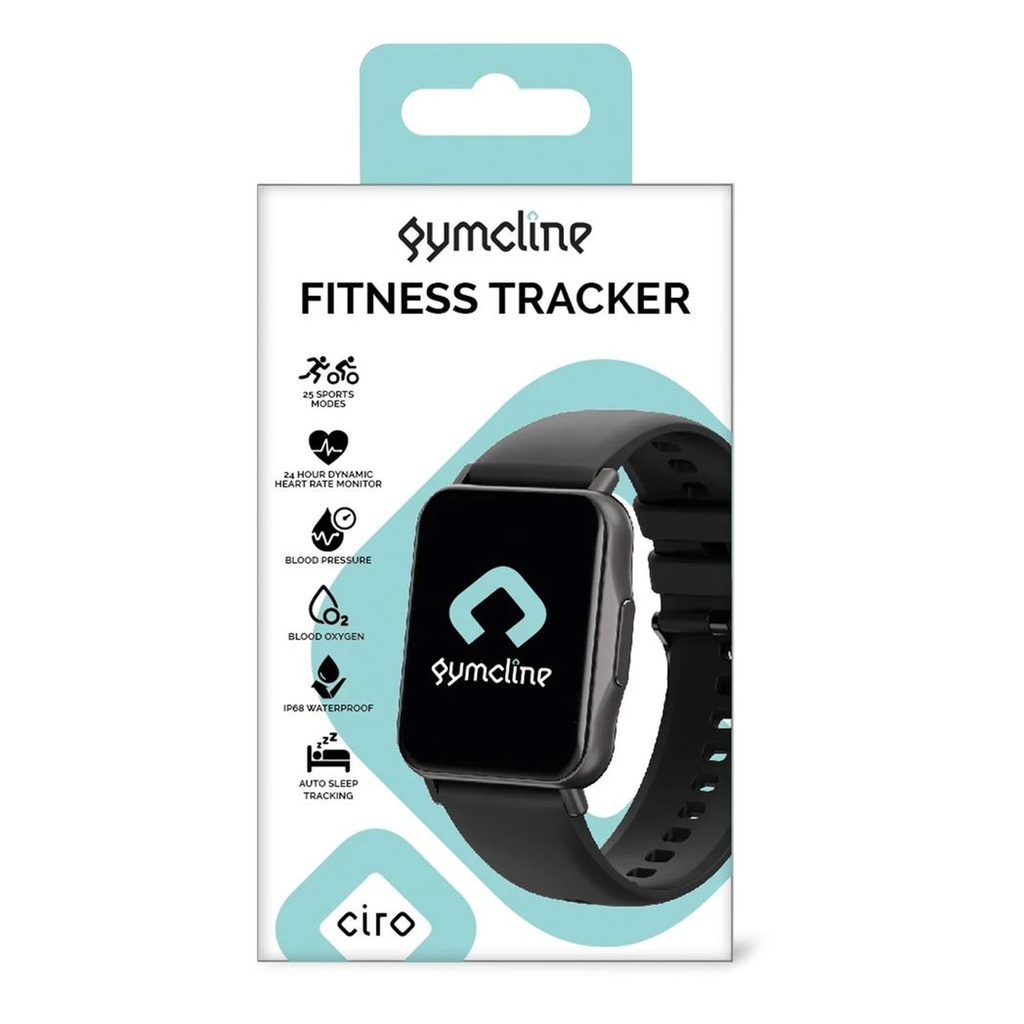 Gymcline Fitness Tracker in navy with 25 sports modes and IP68 water protection displayed on a wrist.