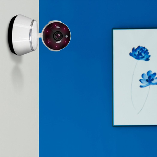 Aquarius 360° HD indoor smart home camera in white with included 8GB micro SD card, showcasing sleek design and lens.