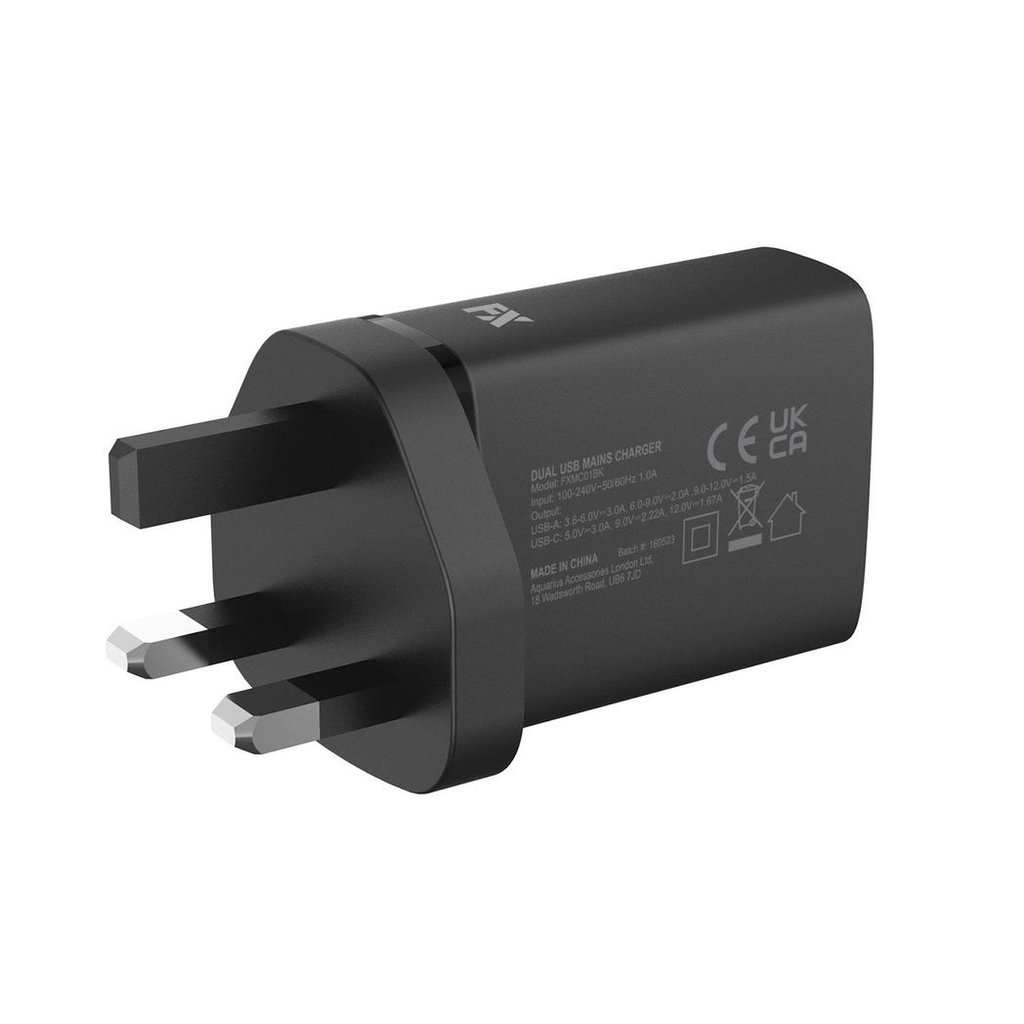 FX TechHub dual mains charger with USB-C and USB-A ports, UK plug, fast charging in a sleek white design.