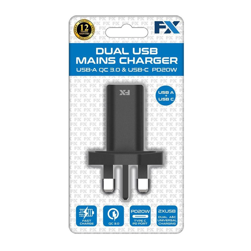 Black FX TechHub USB mains charger 1A, compatible with all USB devices, showcasing compact design and ports.