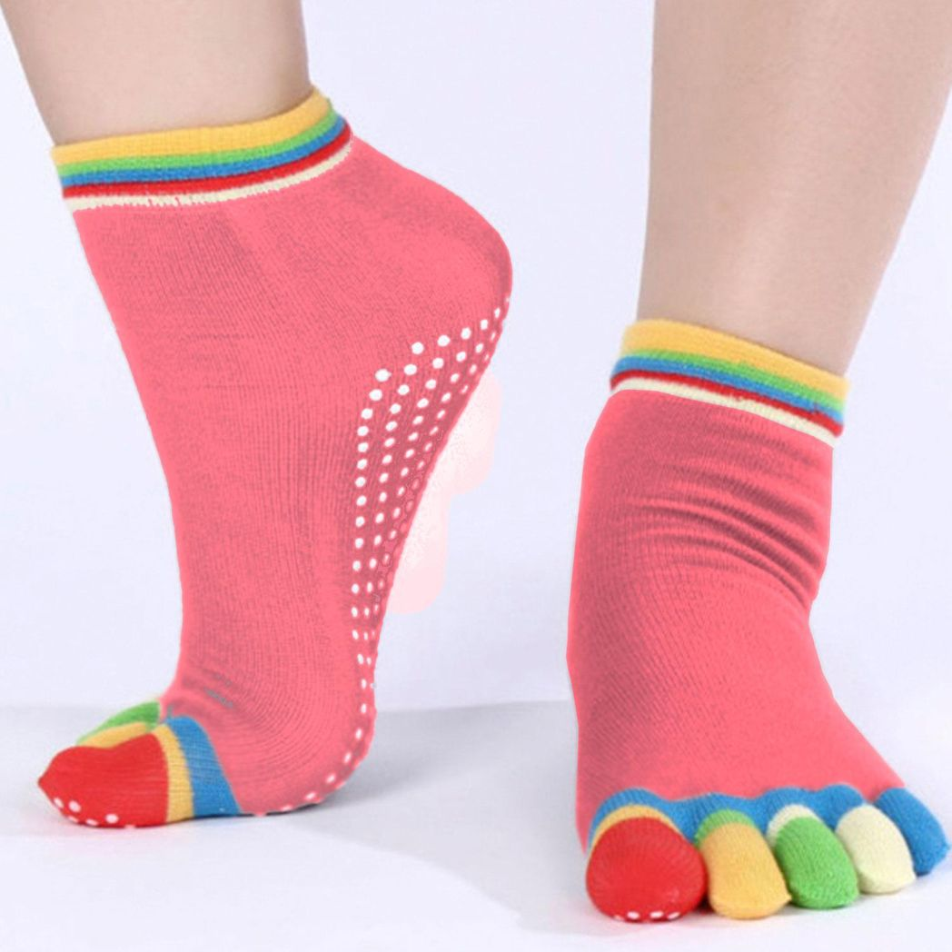 Pink Aquarius non-slip Pilates yoga socks with full toe design and grips, made of cotton for improved stability during workouts.