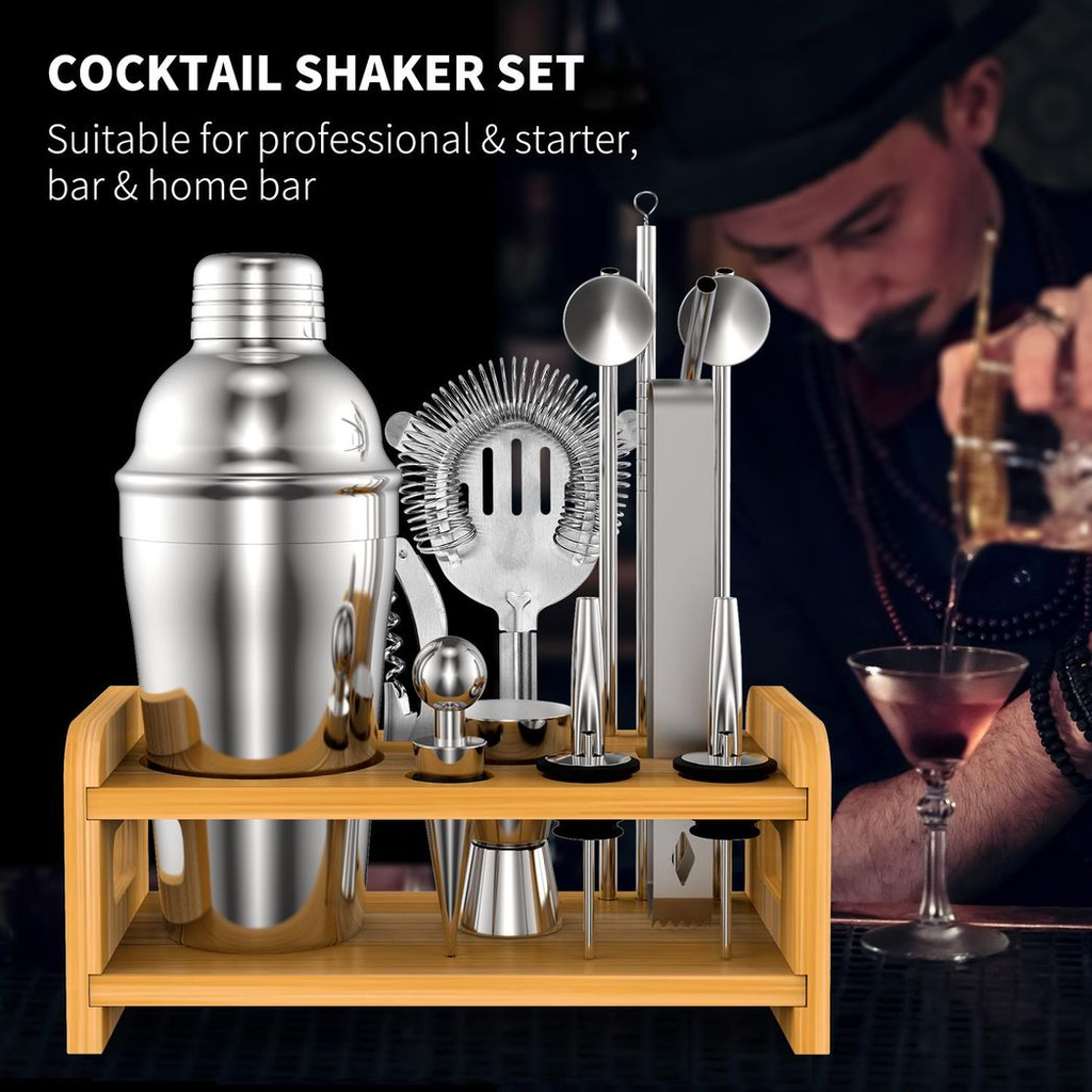 15-piece Vinsani cocktail shaker set in stainless steel, including shaker, jigger, and bar tools for home bartending.