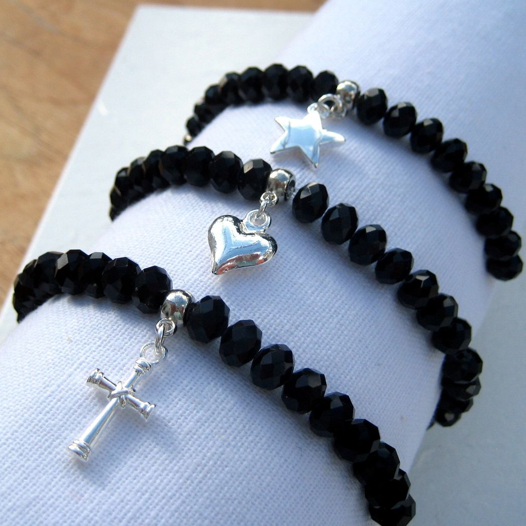 Black Beaded Charm Bracelet - Crystal Stretch - Personalized - Handmade Scotland