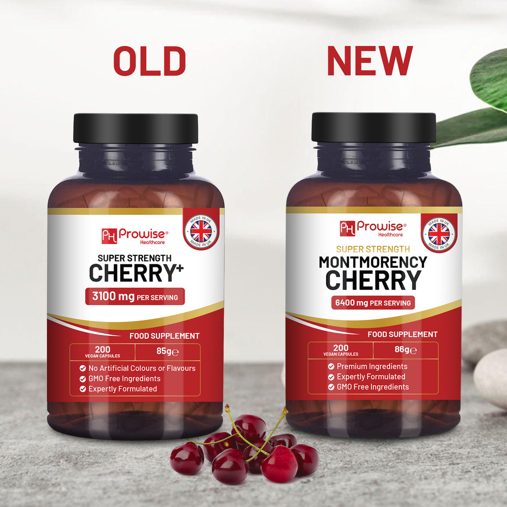 Montmorency Cherry 6400mg capsules by Prowise Healthcare, showcasing a bottle with tart cherry supplement capsules.
