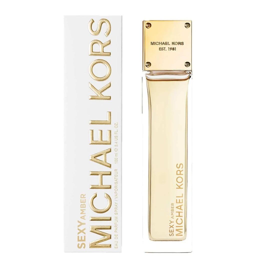 Michael Kors Sexy Amber Eau De Parfum Spray 100ml in a stylish bottle with a golden hue and elegant design.