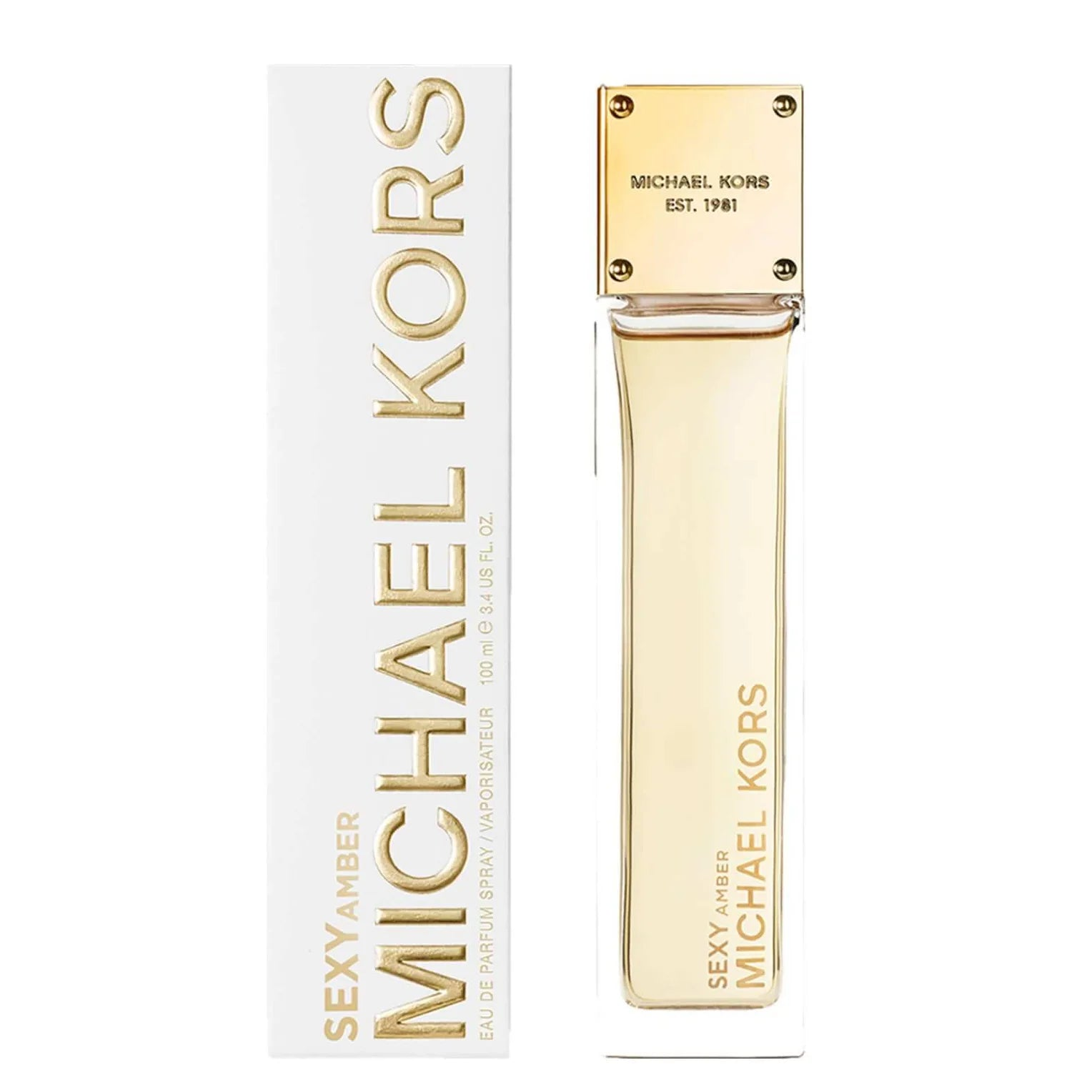 Michael Kors Sexy Amber Eau De Parfum Spray 100ml in a stylish bottle with a golden hue and elegant design.