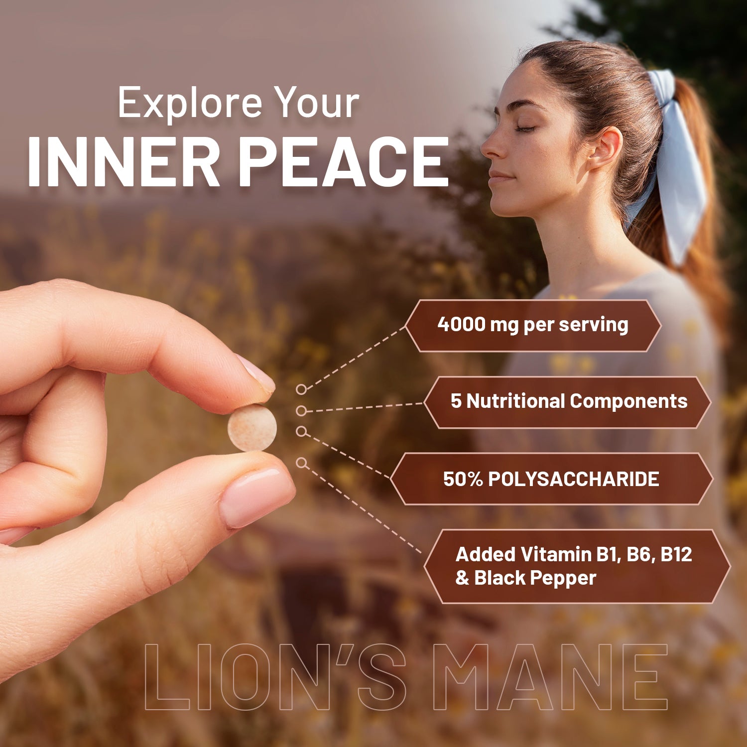 Lions Mane Mushroom Supplement by Prowise Healthcare with Vitamin B1, B6, B12, and black pepper in a capsule bottle.