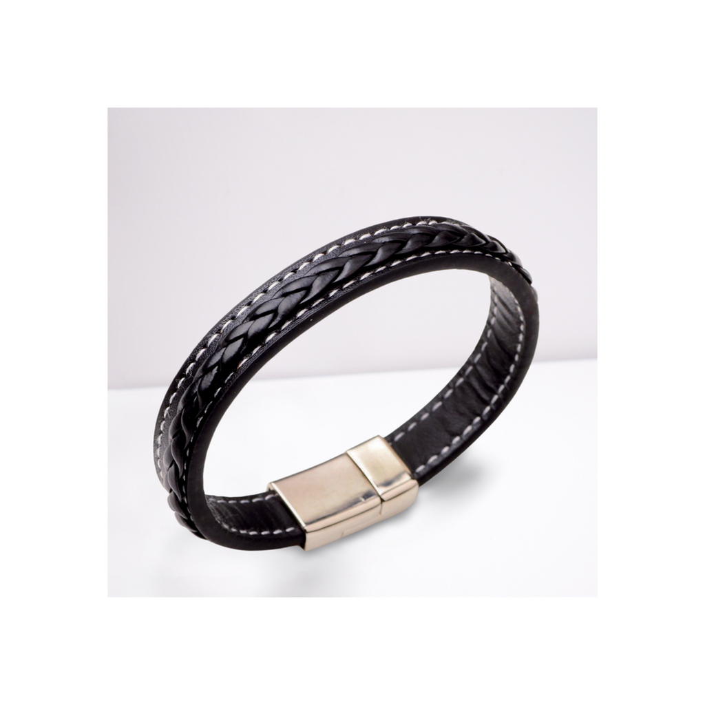 Men's Faux Black Leather Bracelet - Magnetic Clasp - White Stitching