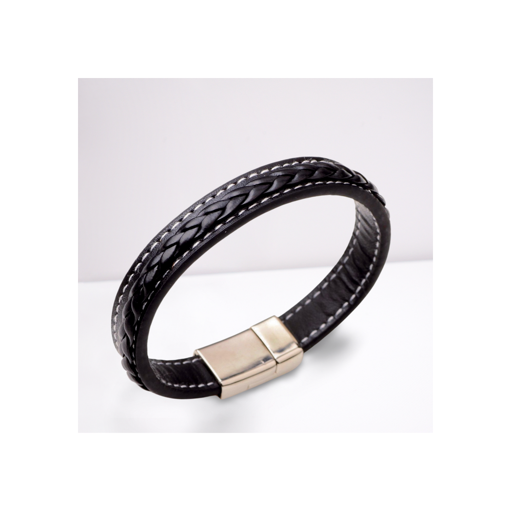 Men's Faux Black Leather Bracelet - Magnetic Clasp - White Stitching