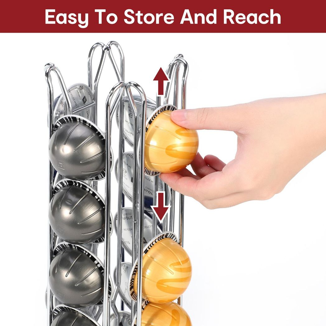 Vinsani chrome coffee pod holder for 24 Vertuo capsules with a swivel base, stylishly organizing coffee pods.