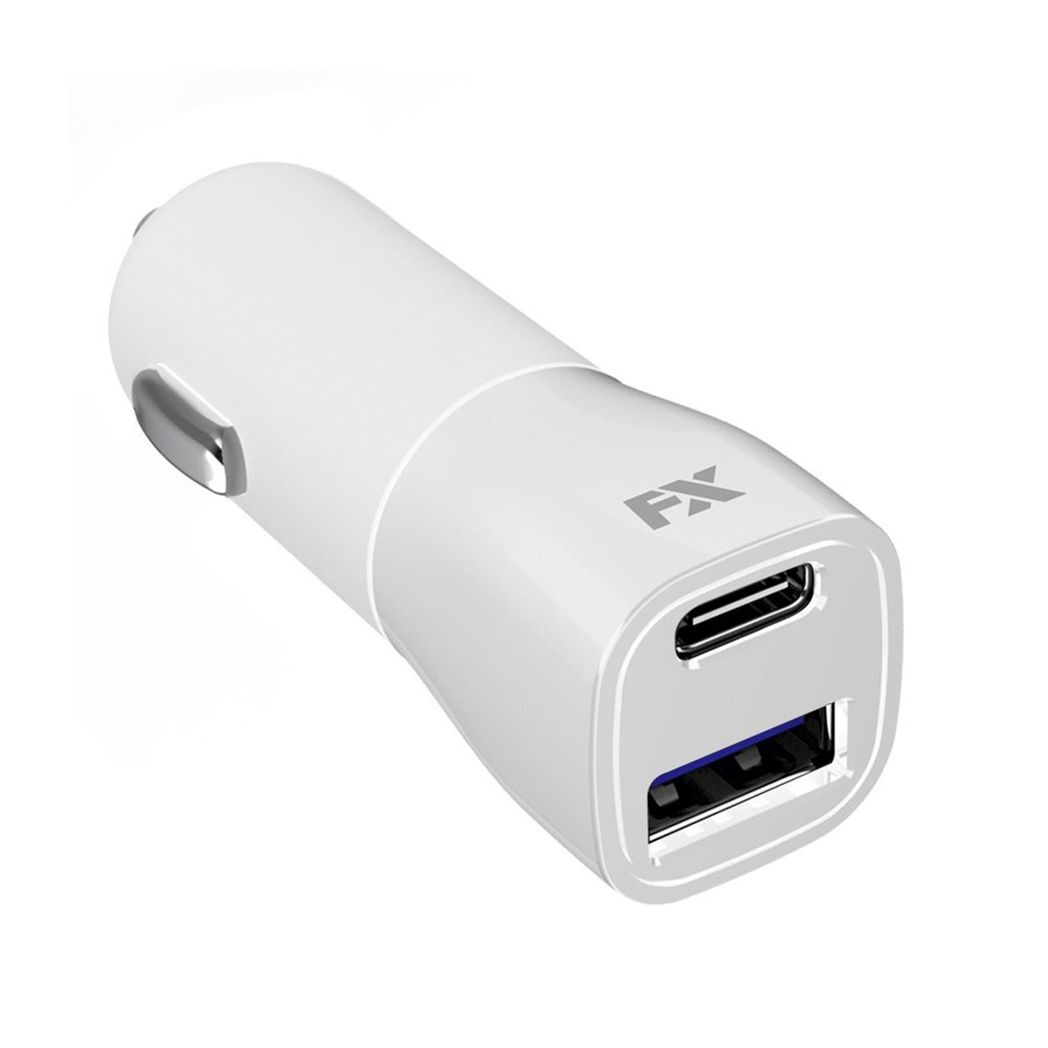White FX TechHub dual USB car fast charger with USB-A PD 20W and USB-A QC3.0 ports.