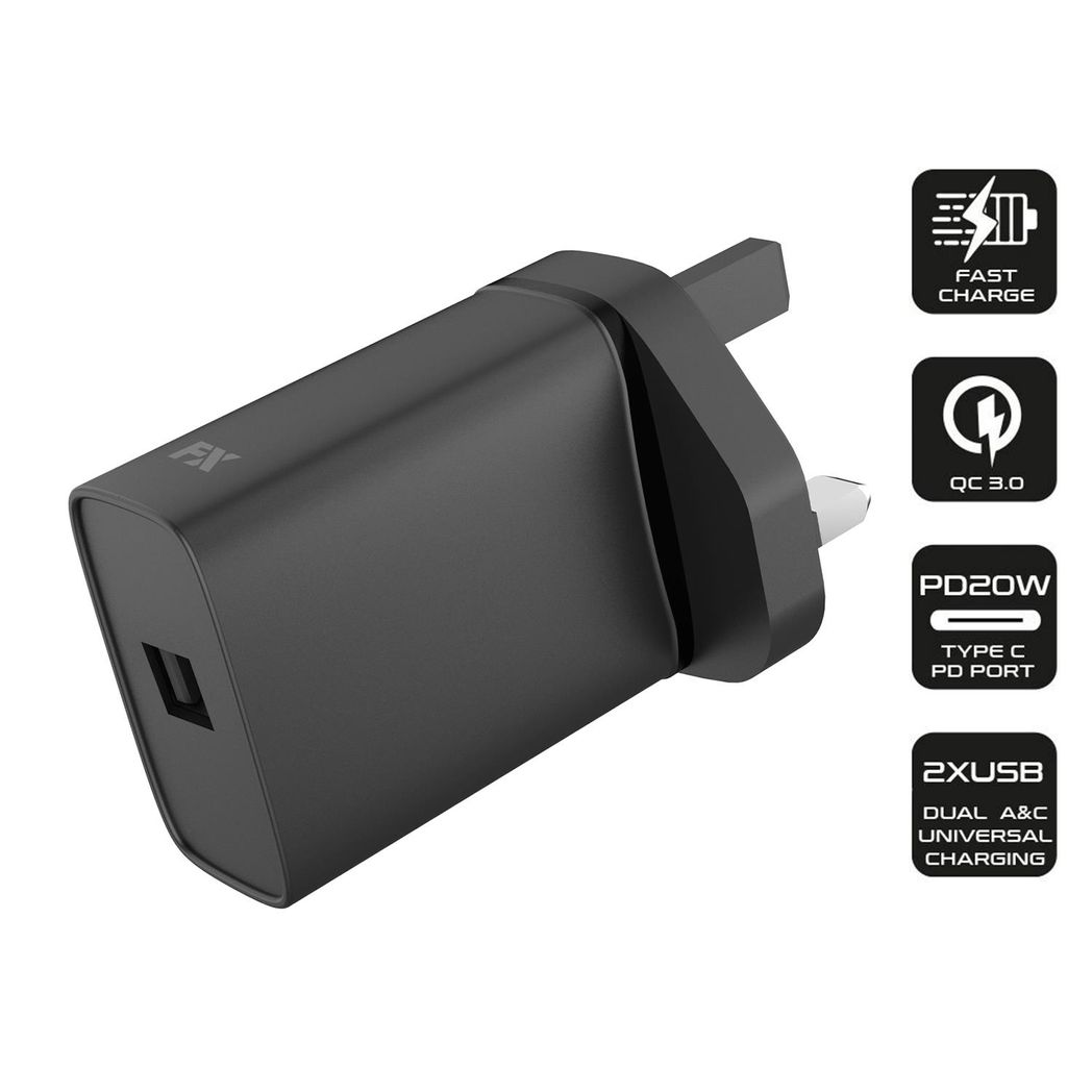 Black FX TechHub USB mains charger 1A, compatible with all USB devices, showcasing a compact design.
