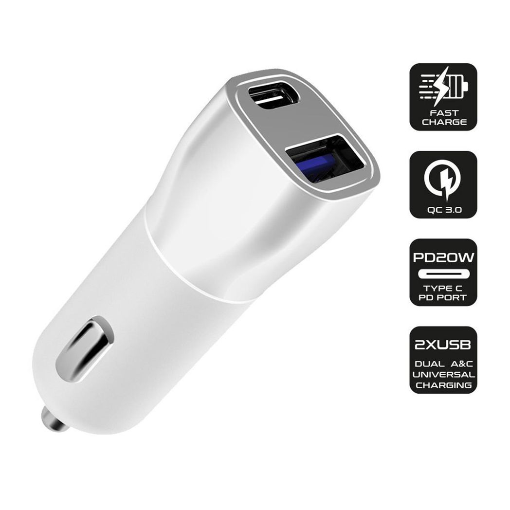 White FX TechHub dual USB car fast charger with USB-A PD 20W and USB-A QC3.0 ports on a neutral background.