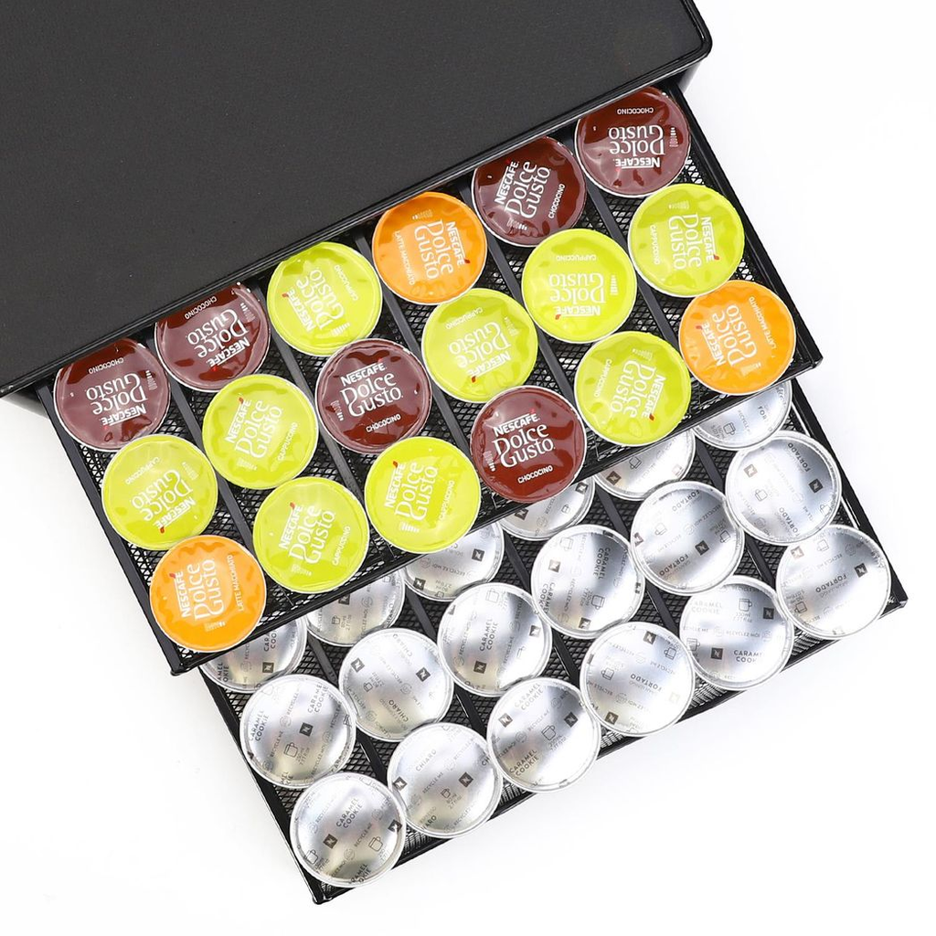 Black double drawer organizer for coffee pods, featuring a sleek design by HomeCraft for efficient kitchen storage.