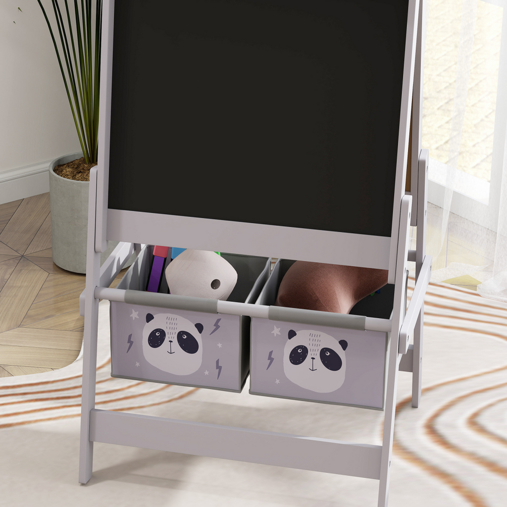 AIYAPLAY Kids Easel in grey with paper roll, blackboard, whiteboard, and storage for creative play.