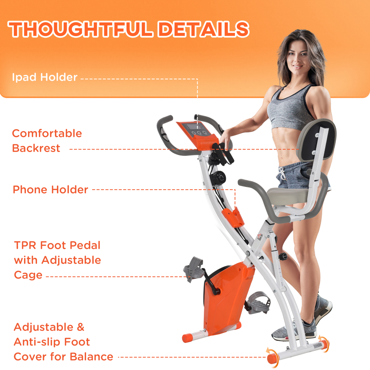 HOMCOM 2-in-1 upright exercise bike in orange with 8-level adjustment and pulse sensor for home workouts.
